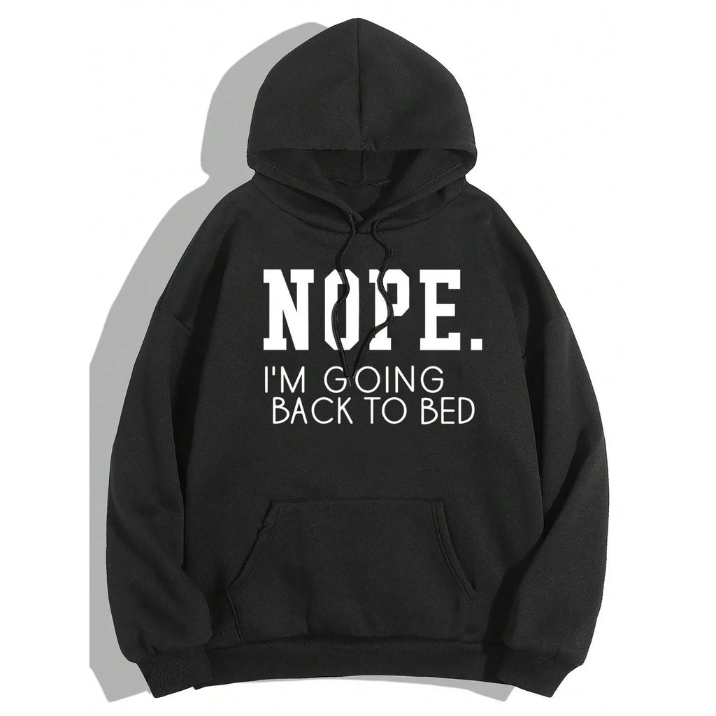 Men's Hooded Basic Graphic Print Pullover Hoodie - Casual Sarcastic Long-Sleeve Stretch Polyester, "Nope I'm Going Back to Bed" Print, Front Pocket, Hand-Washable Menswear Top