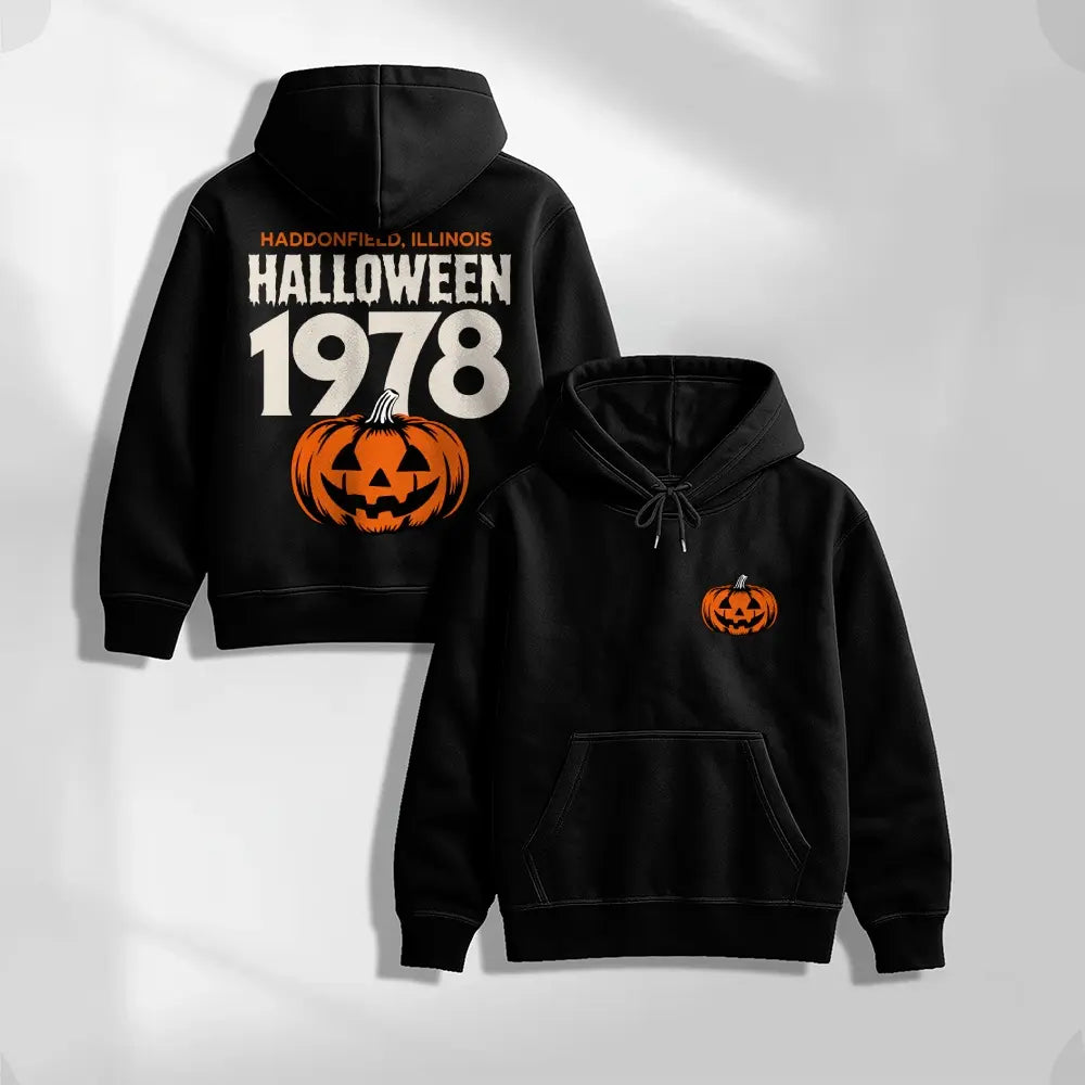 Unisex Vintage Halloween Pumpkin Graphic Hoodie, 1978 Spooky Front and Back Print Pullover Sweatshirt, Casual Oversized Long Sleeve Streetwear Hoodie for Halloween Party, Fall and Daily Wear