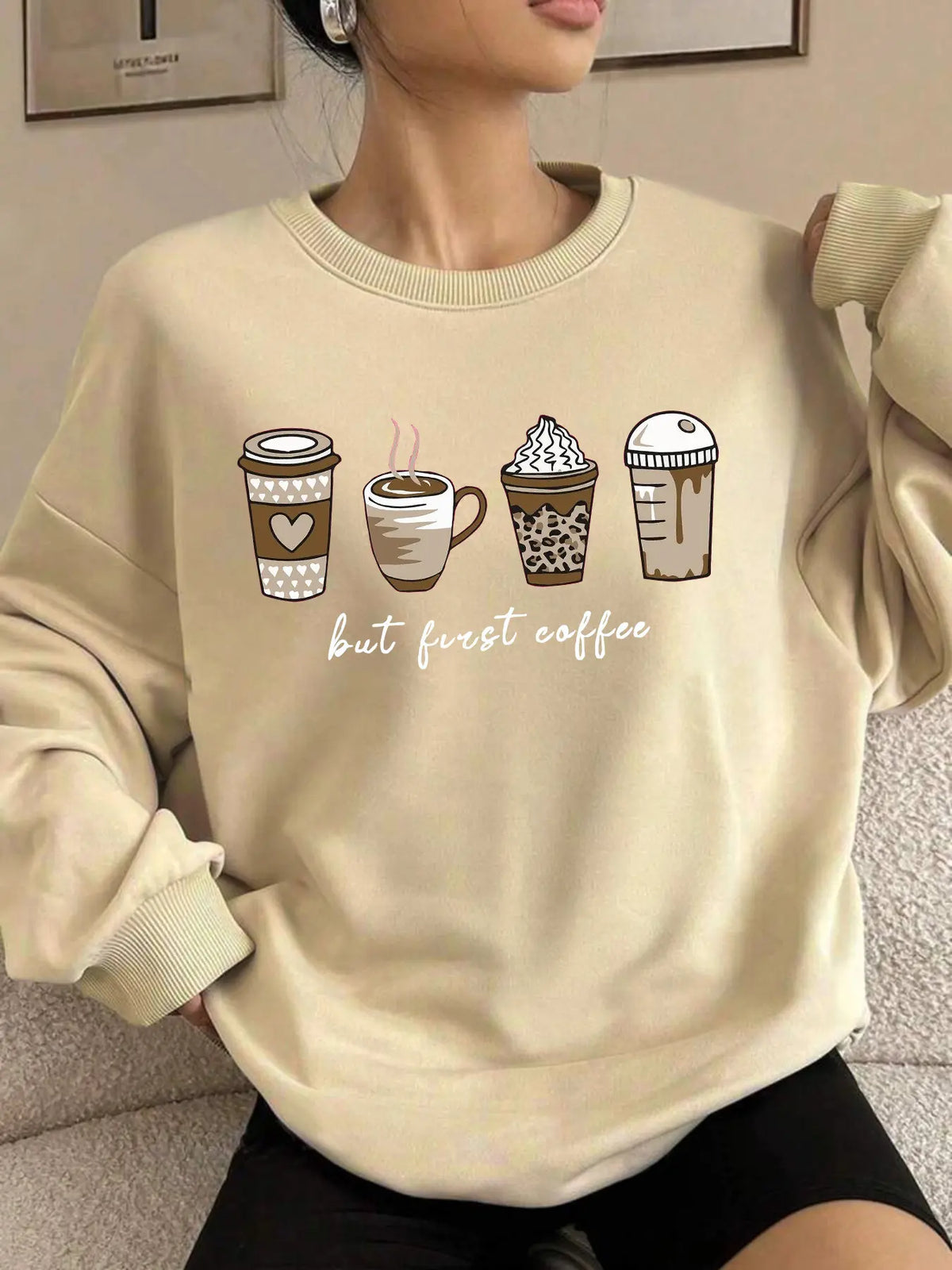 Women's Cartoon Coffee & Cup Print Drop Shoulder Round Neckline Sweatshirt, Casual Long-sleeve Pullover for Spring & Fall, Women's Clothes for Daily Wear