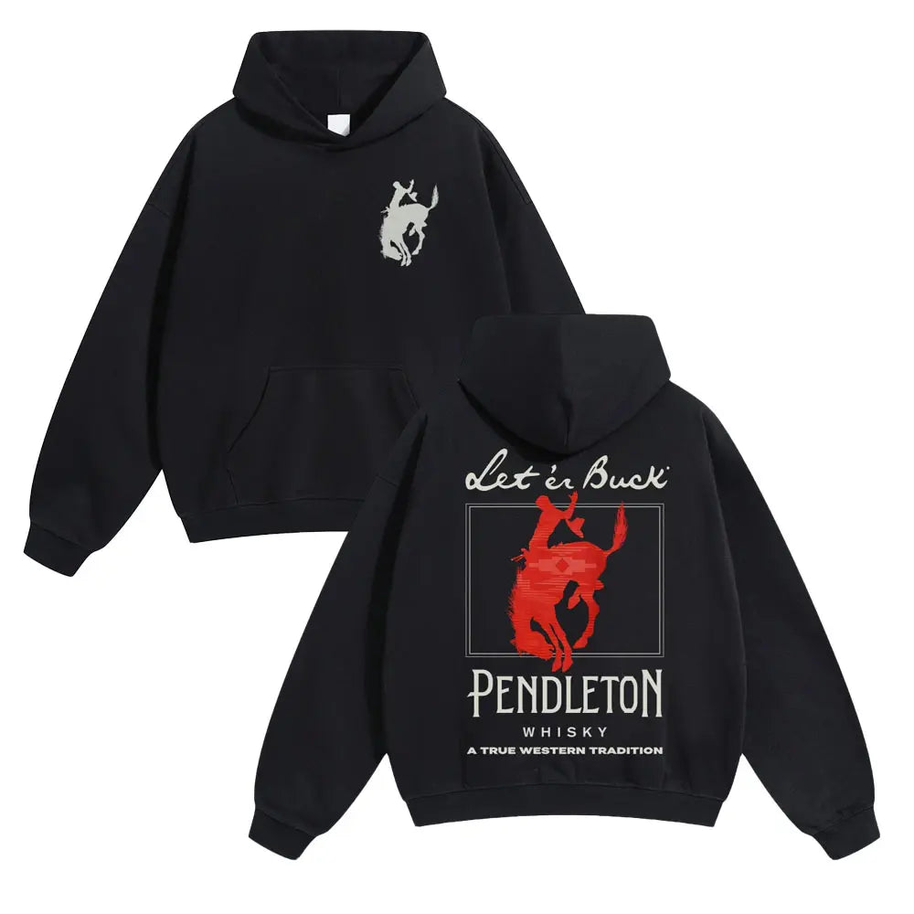 Unisex Western Graphic Pullover Hoodie, Men's Long Sleeve Let 'Er Buck Rodeo Sweatshirt, Soft Cotton-Blend Oversized Streetwear