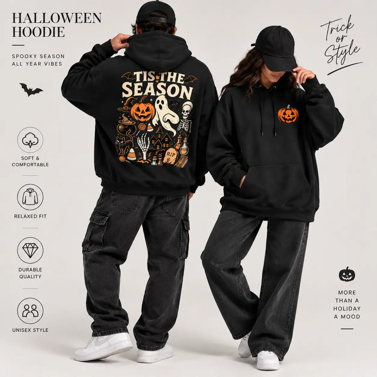 Halloween Spooky Season Graphic Hoodie, Pumpkin Ghost Skeleton Front and Back Print Pullover Sweatshirt, Vintage Horror Long Sleeve Streetwear Hoodie for Halloween Party, Fall and Daily Wear