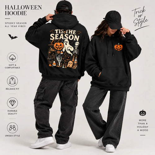 Halloween Spooky Season Graphic Hoodie, Pumpkin Ghost Skeleton Front and Back Print Pullover Sweatshirt, Vintage Horror Long Sleeve Streetwear Hoodie for Halloween Party, Fall and Daily Wear