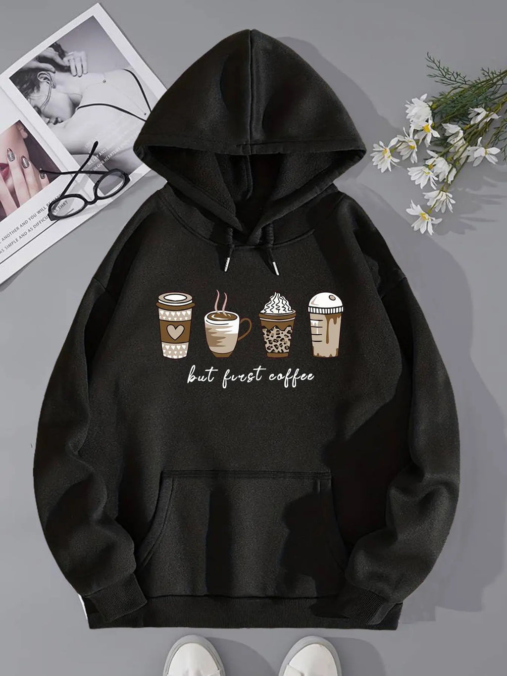 Women's Cartoon Coffee & Cup Print Drop Shoulder Round Neckline Sweatshirt, Casual Long-sleeve Pullover for Spring & Fall, Women's Clothes for Daily Wear