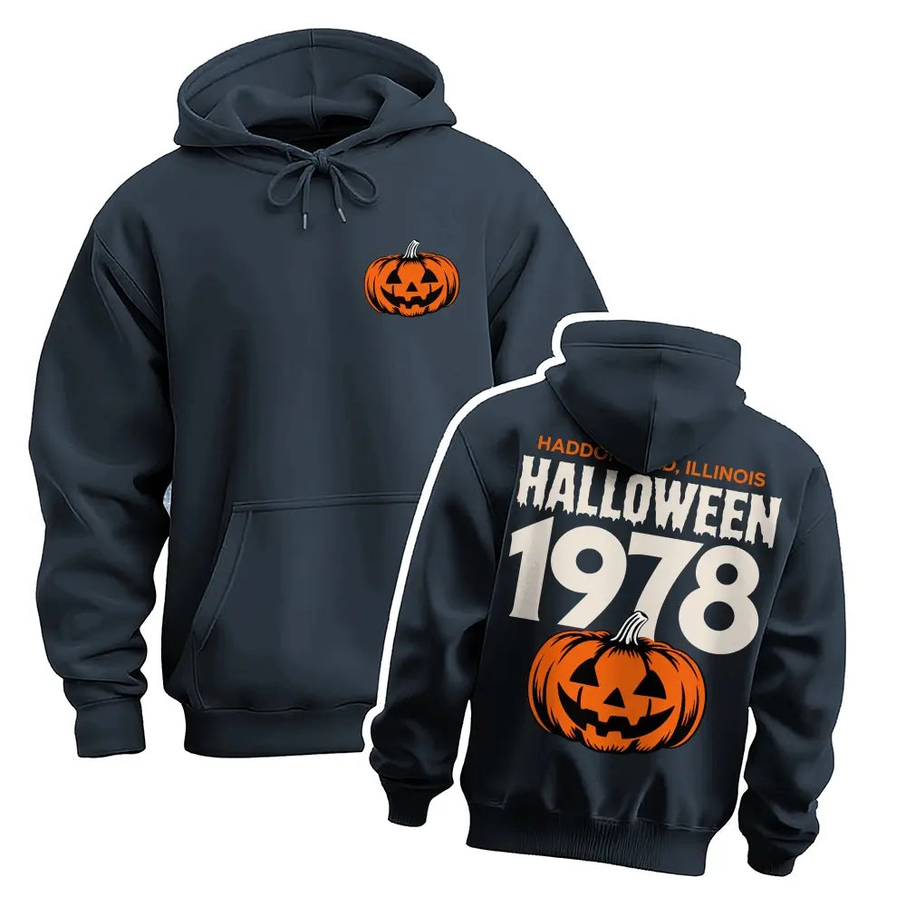 Unisex Vintage Halloween Pumpkin Graphic Hoodie, 1978 Spooky Front and Back Print Pullover Sweatshirt, Casual Oversized Long Sleeve Streetwear Hoodie for Halloween Party, Fall and Daily Wear